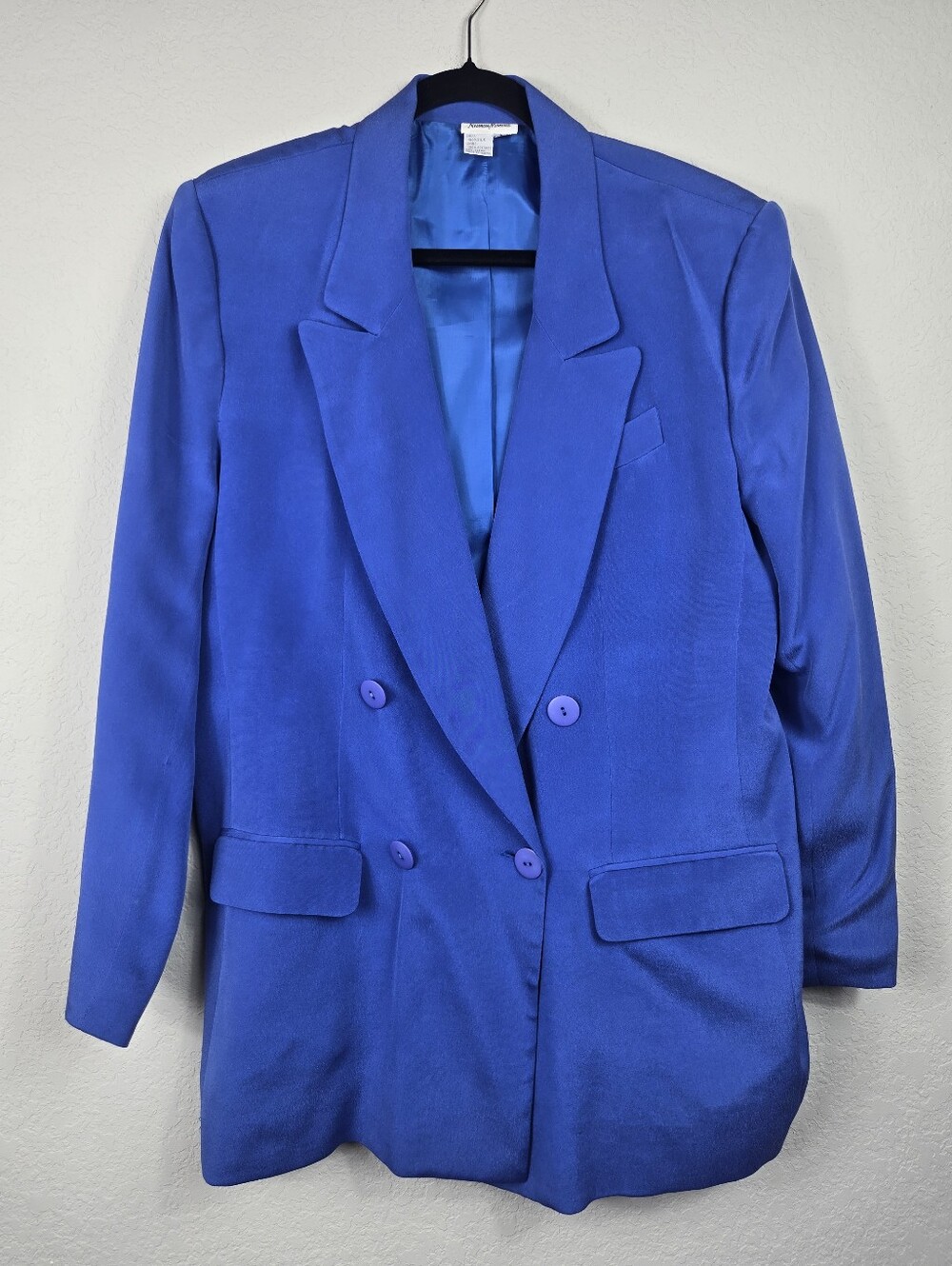 Vintage Neiman Marcus 100% Silk Cobalt Blue Double Breasted Blazer Jacket 90s XL